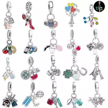 925 пробы серебряный тройной шарм подвеска камера глобус компас помада ракета подходит оригинальный браслет DIY ювелирные изделия подвески