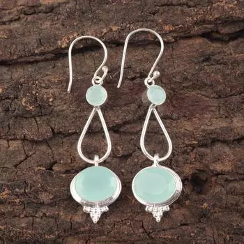 925 Стерлинговое Серебро Аква Халцедон Драгоценный Камень Изделия Ручной Работы Серьги 2.50 EE-132-16