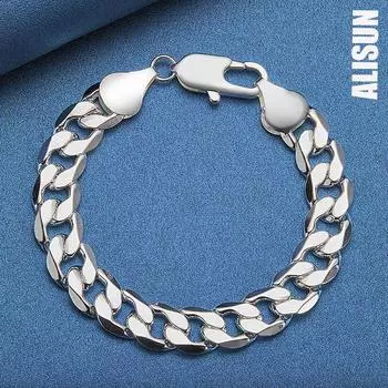 925 стерлингового серебра 12 мм боковой цепи геометрический браслет из нескольких колец модные свадебные украшения 20CM