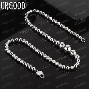 925 стерлингового серебра 6 8 10 12 мм гладкий шарик бусины цепочка браслет ожерелье модные свадебные украшения 45CM