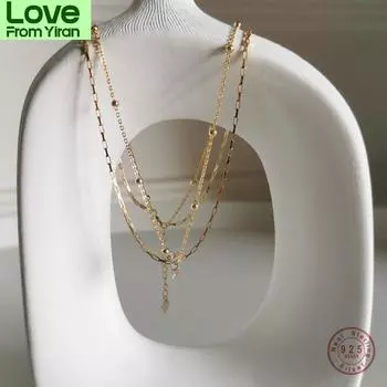 925 стерлингового серебра Богемия многослойная цепь ожерелье для женщин винтажные традиционные 18-каратное золото ювелирные изделия аксессуары подарок девушке