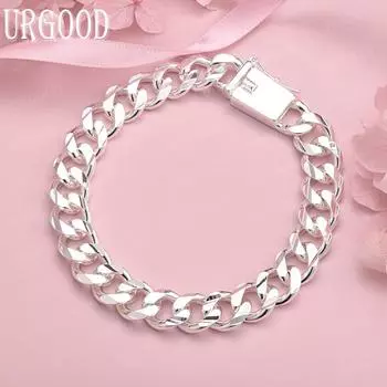925 стерлингового серебра боковой цепи 10 мм квадратная пряжка браслет модные свадебные украшения 20CM