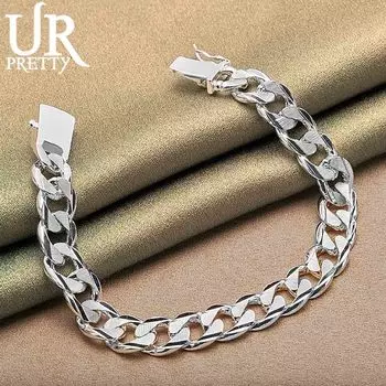 925 стерлингового серебра боковой цепи 10 мм квадратная пряжка браслет модные свадебные украшения 20CM