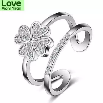 925 стерлингового серебра двухслойное сердце милый счастливый 4 листа клевера открывающиеся кольца для женщин ювелирные изделия дропшиппинг S -R193 Resizable