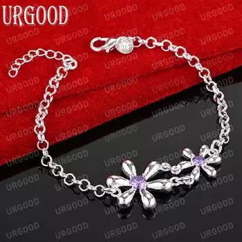 925 стерлингового серебра фиолетовый AAA циркон цветы браслет шарм модные украшения 20cm