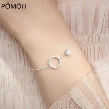 925 стерлингового серебра геометрический круг браслет для женщин микро паве циркон жемчуг цепочка браслет ювелирные изделия подарки S -B123 16cm add 4cm