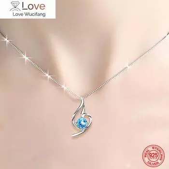 925 стерлингового серебра голубого циркония ожерелье цепь для женщин модные свадебные украшения 45CM