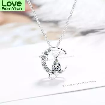 925 стерлингового серебра милый луна звезда кошка подвеска ожерелье сверкающий кубический циркон ключичная цепочка ювелирные изделия для женщин S-N521 40cm plus 3.5cm