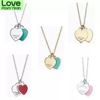 925 стерлингового серебра мода двойное сердце ожерелье ювелирные изделия надписи ремесло 50cm золотой