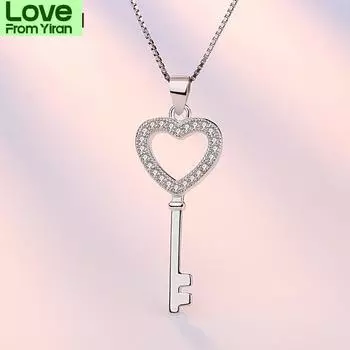925 стерлингового серебра мода любовь сердце ключ кулон ожерелье для женщин кубический циркон ювелирные изделия подарки S-N74