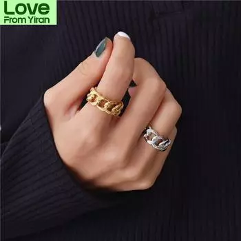 925 стерлингового серебра мода золотой цвет замок цепи открытые кольца для женщин мужчин витые геометрические кольца для вечеринок ювелирные изделия S -R941 Resizable