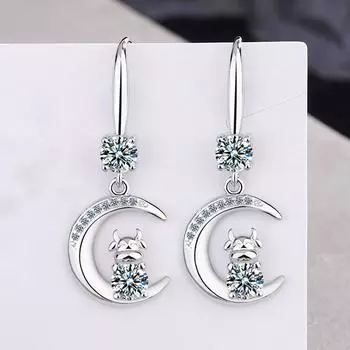 925 стерлингового серебра новые женские модные ювелирные изделия серьги циркониевые кристаллы розовые синие коровья луна длинные кисточки серьги-подвески розовый