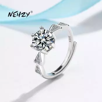 925 стерлингового серебра новые женские модные ювелирные изделия высокое качество кристалл циркон шесть зубцов круглое простое регулируемое кольцо