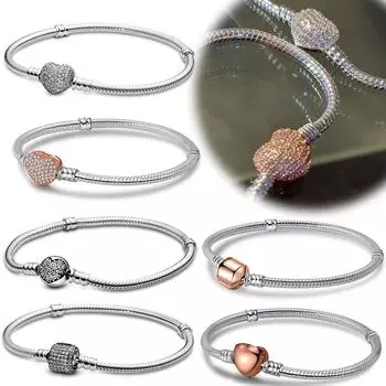 925 стерлингового серебра оригинальный браслет сверкающий любовь циркон розовое золото DIY бисерный браслет женские ювелирные изделия праздничный подарок 17cm