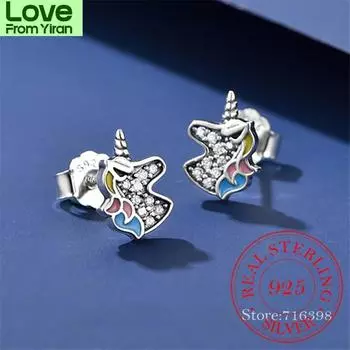 925 стерлингового серебра ослепительные единорог серьги-гвоздики для женщин и детей свадебный подарок женские подвески