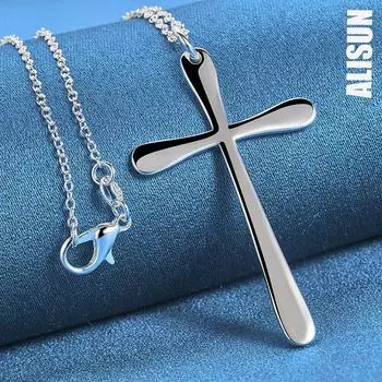 925 стерлингового серебра плоский крест 18 дюймов женское свадебное ожерелье с подвеской модные свадебные украшения O-45CM