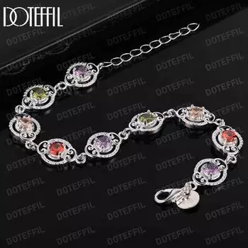 925 стерлингового серебра Шарм Цвет ААА Циркон Браслет Модные свадебные украшения 20CM