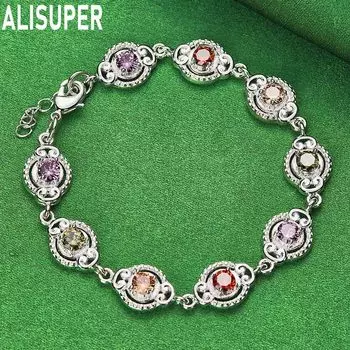 925 стерлингового серебра Шарм Цвет ААА Циркон Браслет Модные свадебные украшения 20CM