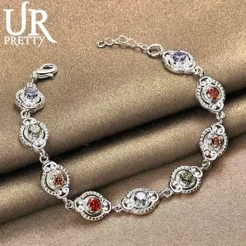 925 стерлингового серебра Шарм Цвет ААА Циркон Браслет Модные свадебные украшения 20CM