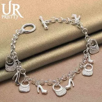 925 стерлингового серебра Высокий каблук сумка кулон браслет модные свадебные украшения 20CM