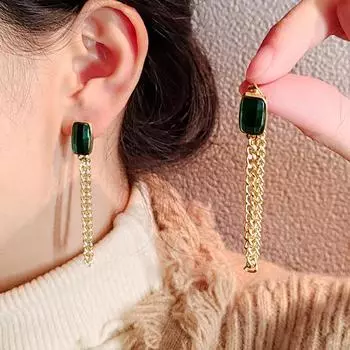 925 Винтаж Изумруд Кристалл Металлическая Цепочка Серьги Ins Temperament Премиум Серьги Женские