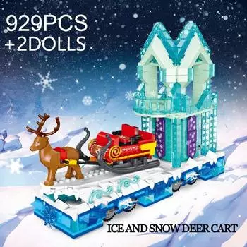 929 шт., оленьи сани, автомобиль, зимний снег, дом, строительные блоки, сборные кирпичи, украшение для рождественской вечеринки, детские праздничные подарки синий/белый
