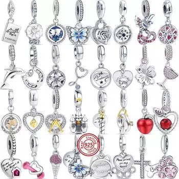 92 стильный кулон с принтами лап, бабочки, сердечки, крылья, снежинки, блестящие бусины, подходят для браслета, ювелирные изделия из серебра 925 пробы