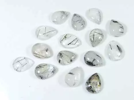 92Cts. Black Rutile Quartz Pear Cabochon Loose Gemstone 15Pcs Lot 11X15MM RQ-1529