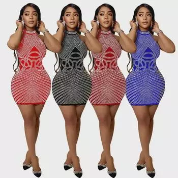 9409 Европейско-американское сексуальное облегающее платье с ярким ромбовидным узором Double Extra Large вино красного