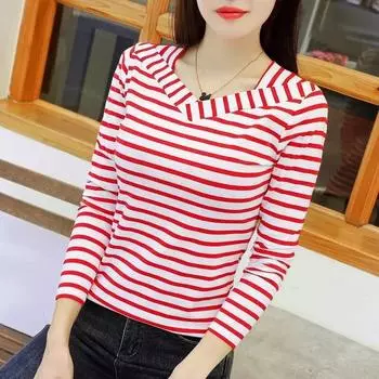 95 Cotton Long Sleeved Striped T-shirt Women s Fashion Spring Autumn New V-neck Bottoming Blouse 3XL чистый