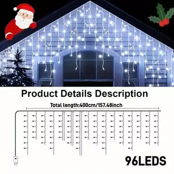 96 светодиодных рождественских огней, гирлянды в виде сосулек, USB, 8 режимов освещения, праздничный декор для дома, сада, карнизов, кемпинга разноцветный