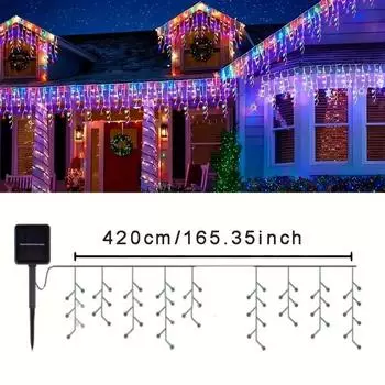 96 светодиодных рождественских огней на солнечных батареях, гирлянды в виде сосулек с 8 режимами освещения, праздничный декор для дома, сада, карнизов, кемпинга разноцветный