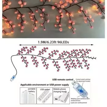 96 светодиодов гирлянда в виде цветущей вишни, питание от USB, 8 режимов, сделай сам, для дома, спальни, вечеринки, свадьбы, Рождества, праздничного декора, свет 1,9 м/6,23 фута