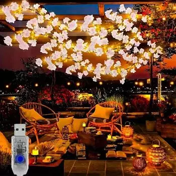 96LEDs Cherry Blossom String Lights 1.9M/6.23ft 8 Modes DIY USB Powered Home Bedroom Party Wedding Christmas Festive Decor Lamps