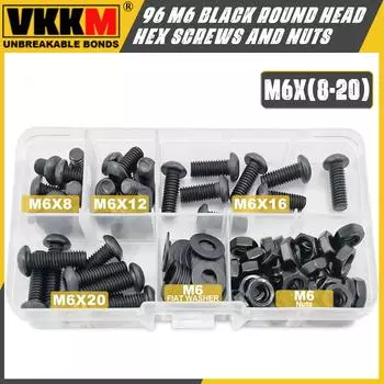 96 шт. черных винтов с круглой шестигранной головкой и гайкой M6, комплект шайб с номинальным размером, шестигранная головка с ключом