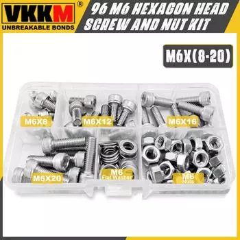 96Pcs M6 Hexagon Head Screw And Nut Set, M6 X 8/12/16/20mm Stainless Steel Screw Set, Cup Head Screw With Allen Wrench