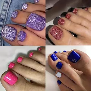 96шт (4 упаковки) Глянцевые короткие квадратные накладные ногти на ногах, сверкающие накладные ногти с узорами в виде листьев, красные, фиолетовые, синие, полностью покрывающие акриловые ногти на ногах Miss