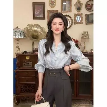 9841#4.22 Long sleeve Shirts 2025 Spring New National Style Blue Single Breasted Cardigan Women Light Blue S