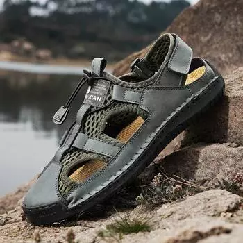 9855 summer new large size hand-stitched mesh shoes men s bag head soft sole high-end casual sandals Shoes 38 чёрный