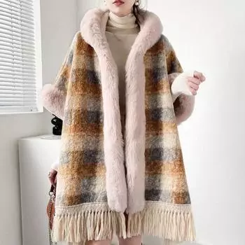 986 #флисовая утолщенная накидка с кроличьим воротником, шаль, средняя и длинная кисточка, большой размер, клетчатая куртка, плащ One Size