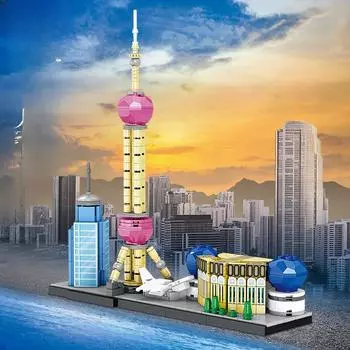 98731 Очаровательная набережная Шанхая, освещение уличной сцены, креативные строительные блоки, игрушки