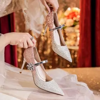 9888-7 постепенное изменение стразы цветок пряжка изысканный блеск банкетные туфли свадебные туфли ощущения женские туфли на высоком каблуке женские одинарные туфли женские 34