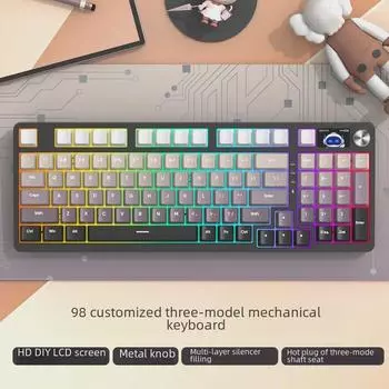 98-клавишная беспроводная игровая механическая клавиатура Bluetooth Tri-Mode с настраиваемыми переключателями (Синий, Черный, Чайный, Красный) и конструкция с возможностью горячей замены.