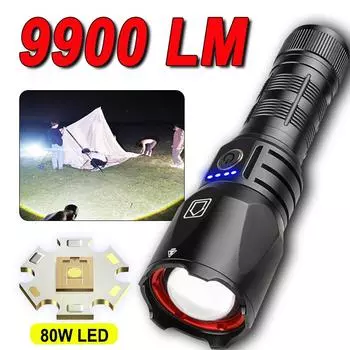 9900 люмен, 80 Вт, сверхмощный светодиодный фонарик, тактический фонарик дальнего действия, 3000 м, охотничий фонарь, зарядка типа c without battery чёрный