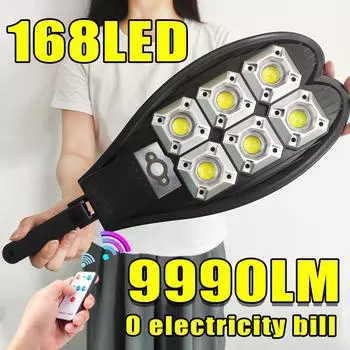 9990LM Солнечная лампа Наружная мощная солнечная уличная 168 светодиодная лампа IP65 Солнечный свет Садовая лампа Уличный фонарь с датчиком движения Пульт дистанционного управления чёрный