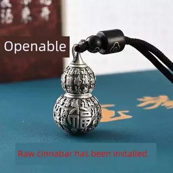 999 Pure Silver Baifu Calabash Pendent Men s Retro Sterling Silver Necklace Women s Hollow Package Can Be Opened Cinnabar Decorative Pendant Baifu gourd-cinnabar blessing has been installed