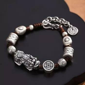 999 Pure Silver Pi Xiu Bracelet Men s and Women s Vintage Weave Fu Character Lucky String Bracelet with Beads Money Drawing and Luck Changing Bracelet Pi Xiu bracelet (17cm +3cm extended chain)