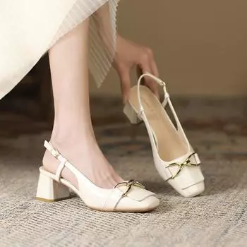 99 французских задних пустых босоножек с головкой мешка женские летние новые квадратные босоножки с толстым каблуком и пряжкой на высоком каблуке 34 телесный