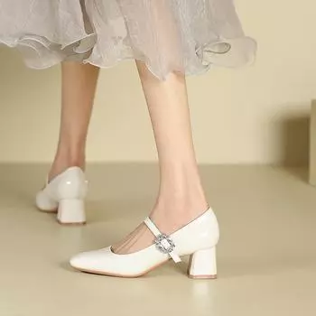 99 one-word bag head thick heel single shoes women s square head rhinestone high heels student dress professional commuter women s shoes 34 чёрный