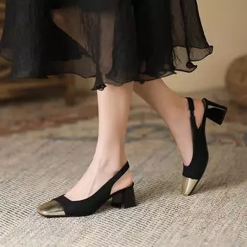 99 пустые сандалии женские на среднем каблуке новые летние толстые французские туфли с маленьким золотым каблуком 34 чёрный